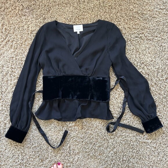 Cinq à Sept Silk with Velvet Trim Long Sleeve Faux Wrap Blouse Women's Size S - Picture 6 of 9
